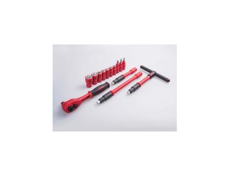 King Tony - ZESTAW NASADEK IZOLOWANYCH 3/8" 14cz. KRÓTKIE, 6-kąt. 10 - 19mm, Z AKCESORIAMI, CHROM, KASETA Z TWORZYWA - 35VE01MRV - 3
