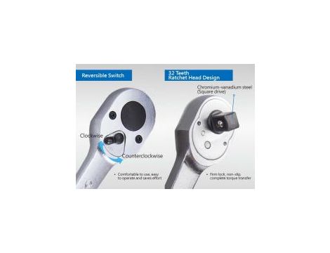 King Tony - GRZECHOTKA 1/2" 32 ZĘBY 250mm UCHWYT MOLETOWANY - 4779-10FR - 4