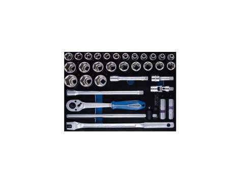 King Tony - ZESTAW NASADEK 1/2" 33cz. KRÓTKIE 6-kąt. 8 - 32mm Z AKCESORIAMI, WKŁAD Z PIANKI EVA DO WÓZKA - 9-4333MRV04