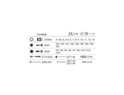 King Tony - ZESTAW NASADEK 1/4" + 1/2" 37cz. KRÓTKIE 6-kąt. 4 - 13mm, TORX T20 - T60, HEX H3 - H14, Z AKCESORIAMI, WKŁAD DO WÓZKA - 9-7537MR