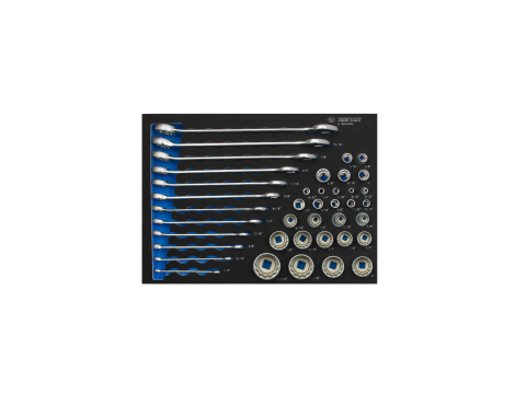 King Tony - ZESTAW NASADEK 1/4"+3/8"+1/2" + KLUCZE PŁASKO OCZKOWE CALOWE 40cz., WKŁAD Z PIANKI EVA DO WÓZKA - 9-9040SRV - 2