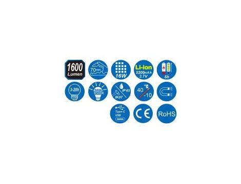 King Tony - LATARKA LED COB 16W Z UCHWYTEM (1600lm) - 9TA471 - 4