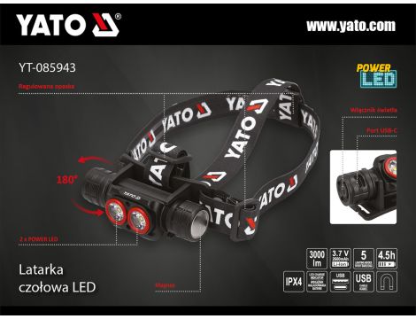 YATO - LATARKA CZOŁOWA 3000LM, AKU - YT-085943 - 2