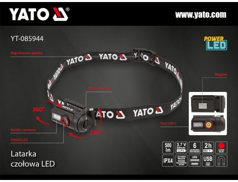 YATO - LATARKA CZOŁOWA 500LM, AKU - YT-085944 - 2