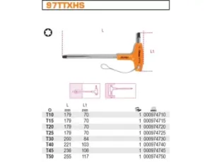 BETA - Klucz trzpieniowy kątowy profil torx z rękojeścią do prac na wysokościach t50 - 97TTX-HS/50