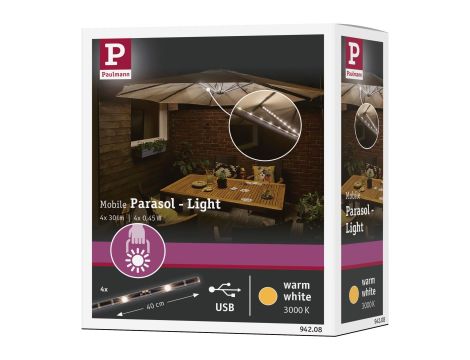 Zestaw oświetlenia Led do parasola ogrodowego USB LED STRIPE 4x40cm 4x30lm 3000K - 6