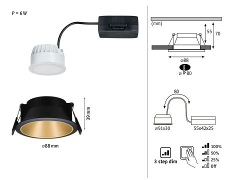 Oprawa do wbudowania COLE COIN LED 3-STEP DIM 1x6W 470lm 2700K IP44 230V czarny / złoty / matowy - 7