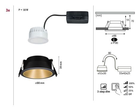 Oprawa do wbudowania COLE COIN LED 3-STEP DIM zestaw 3x6W 470lm 2700K IP44 230V Czarny/Złoty-matowy - 8