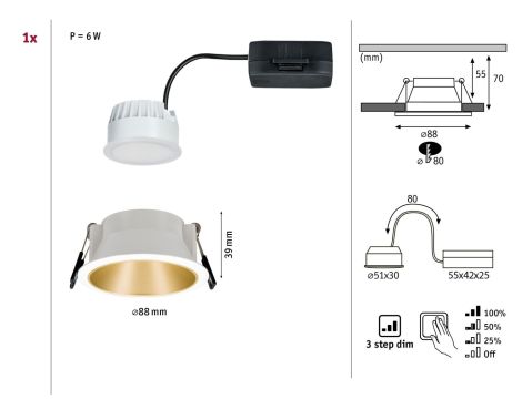 Oprawa do wbudowania COLE COIN LED 3-STEP DIM 1x6W 470lm 2700K IP44 230V biały / złoty-matowy - 10