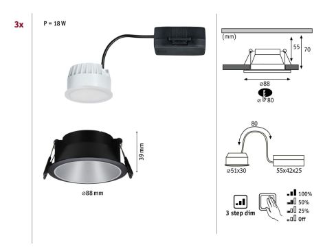 Oprawa do wbudowania COLE COIN LED 3-STEP DIM zestaw 3x6W 470lm 2700K IP44 230V Cz/Srebrny-matowy - 12