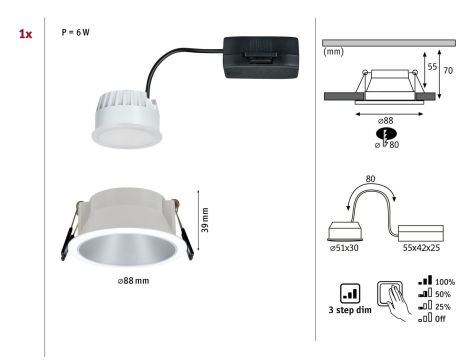 Oprawa do wbudowania COLE COIN LED 3-STEP DIM 1x6W 470lm 2700K IP44 230V biały / srebrny matowy - 9