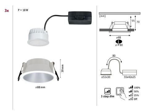 Oprawa do wbudowania COLE COIN LED 3-STEP DIM zestaw 3x6W 470lm 2700K IP44 230V biały / srebrny matowy - 8