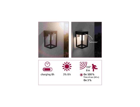 Oprawa elewacyjna MARISOL LED solar 3000K 350lm z czujnikiem ruchu + zmierzchu IP44 czarny - 5