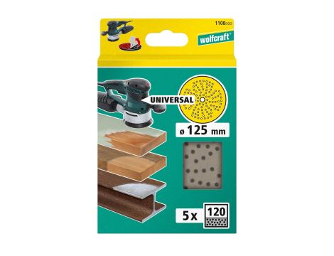 Wielootworowe krążki ścierne gr. 120 do szlifierek mimośrodowych na rzep, fi 125 mm (5 sztuk) Wolfcraft - 2