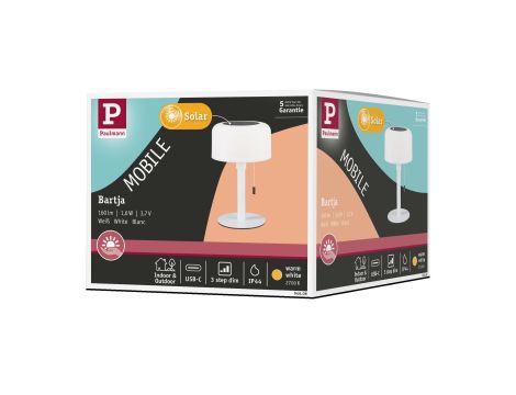 Lampka stołowa solarna BARTJA LED 3-STEP DIM USB-C 1.6W 160lm 2700K IP44 biały / tworzywo sztuczne - 12
