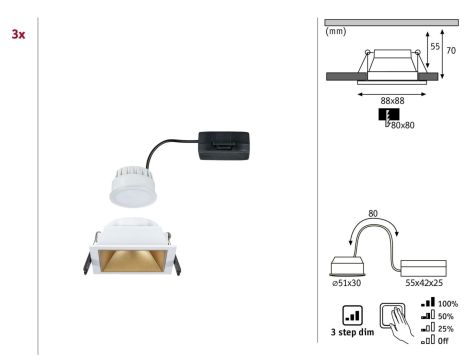 Oprawa do wbudowania EBL COLE SET COIN 3-STEP DIM zestaw 3x6W 3x470lm 2700K IP44 230V biały / złoty matowy / aluminium - 5