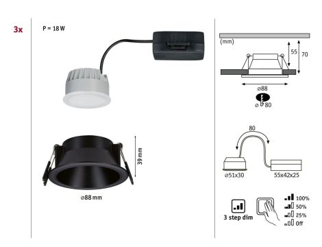 Oprawa do wbudowania EBL COLE SET COIN 3-STEP DIM zestaw 3x6W 3x470lm 2700K IP44 230V czarny matowy / aluminium - 6