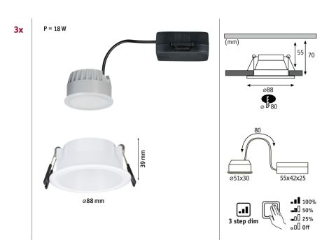 Oprawa do wbudowania EBL COLE SET COIN 3-STEP DIM zestaw 3x6W 3x470lm 2700K IP44 230V biały matowy / aluminium - 9