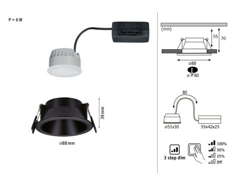 Oprawa do wbudowania EBL COLE SET COIN 3-STEP DIM 6W 470lm 2700K IP44 230V czarny matowy / aluminium - 6