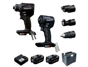 Zestaw Panasonic: wkrętarka EY1DD2, zakrętarka udarowa EY1PD1, 2x Akumulator 18V/5,0 Ah, ładowarka, systainer, 3 końcówki robocze