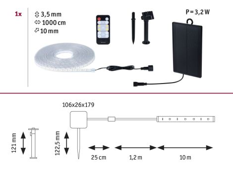 Taśma zewnętrzna LED solar 10m 3,2W DIM 3000K 28lm/m czujnik zmierzchu pilot 5V IP44 czarny / tworzywo sztuczne - 11