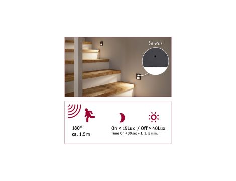 Oprawa przyschodowa TSARO LED czujnik ruchu i zmierzchu kwadrat 1x1,W 80lm 2700K IP20 230V czarny matowy / tworzywo sztuczne - 4