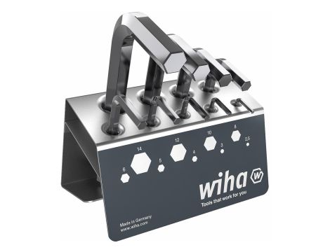 Wiha - zestaw kluczy trzpieniowych sześciokątny krótki, niklowany na wysoki płysk, na stojaku warsztatowym, 9-cz.  - 01182