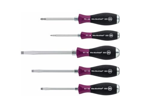 Wiha - wkrętak zestaw MicroFinish płaski, Pozidriv z trzonem sześciokątnym na calej długości i masywnym kołpakiem stalowym, 5-cz.  - 29139