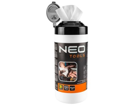 Neo Tools - Chusteczki do mycia rąk oraz czyszczenia powierzchni i narzędzi z trudnych zabrudzeń, słoik 100 szt. - 10-407