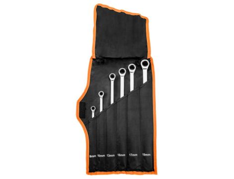 Neo Tools - Klucze oczkowe z grzechotką, długie, zestaw 6 szt., 8 - 19 mm, miękkie etui - 09-370