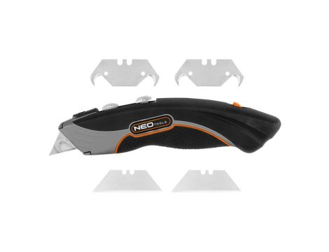 Neo Tools - Nóż z ostrzem trapezowym i hakowym, metalowy korpus 6 ostrzy - 63-700