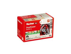 Kołki rozporowe uniwersalne DuoPower 6x30 S z wkrętem z łbem stożkowym 4,5x40 PZ2 50 sztuk FISCHER