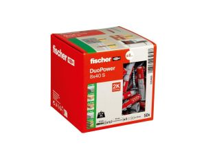Kołki rozporowe uniwersalne DuoPower 8x40 S z wkrętem z łbem stożkowym 5,0x55 PZ2 50 sztuk FISCHER