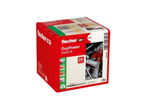 Kołki rozporowe uniwersalne DuoPower 8x65 S z wkrętem z łbem stożkowym 5,0x80 PZ2 25 sztuk FISCHER