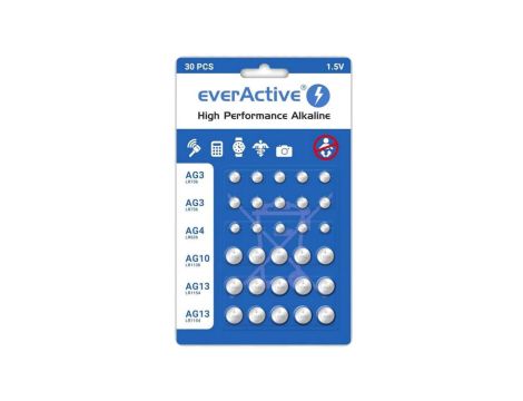 Zestaw 30 baterii 1,5V 10x AG3 / LR41 5x AG4 / LR626 5x AG10 / LR1130 10x AG13 / LR1154 everActive