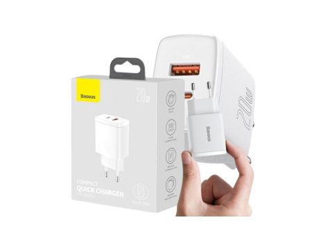 ŁADOWARKA SIECIOWA Baseus Compact Quick Charger CCXJ-B02 20W 1x USB-A 1x USB-C PD 3.0 QC 3.0 BIAŁA