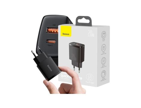 ŁADOWARKA SIECIOWA Baseus Compact Quick Charger CCXJ-B01 20W 1x USB-A 1x USB-C PD 3.0 QC 3.0 CZARNA