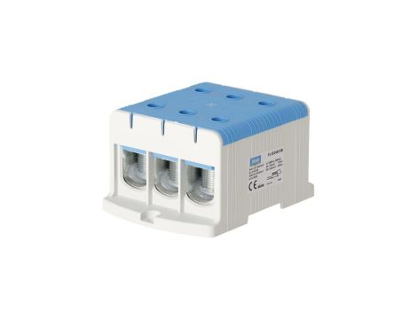 Blok rozdzielczy odgałęźny 3-polowy Al/Cu 35-240mm2 (max. 240mm2) na szynę TH35 niebieski FJ-E240/3/B HEDO