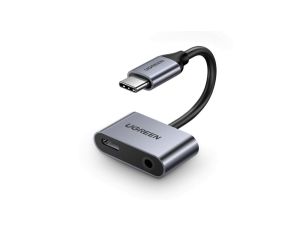 Adapter Ugreen CM193 50596 audio dwuportowy USB-C (męski) - mini jack 3.5mm / USB-C (żeński) - szary