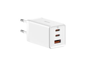 Szybka ładowarka sieciowa GaN 2xUSB C 1xUSB 65W Baseus GaN5 Pro + kabel USB C - USB C 100W - biała