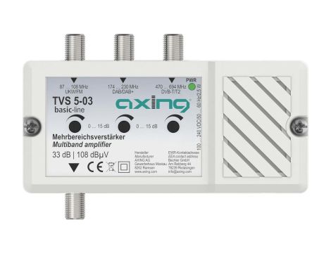 Wzmacniacz wielozakresowy AXING 3 wejścia: FM, DAB/DAB+, DVB-T/T2 33 dB / 108 dBV TVS 5-03