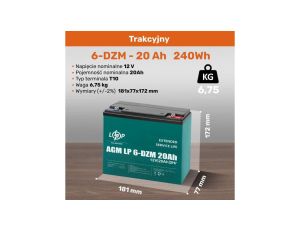 AKUMULATOR TRAKCYJNY 12V 20Ah DO WÓZKA TRAKTORA KOSIARKI ŁODZI 400 CYKLI