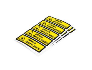 Naklejka 25x100mm z trójkątem ostrzegawczym i napisem Uwaga światłowód,20 szt.(4 arkusze po 5szt) SP-NKL-US