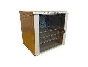 Szafa wisząca RACK 19 12U 500mm w zestawie z 3 półkami, 2 wentylatorami i termostatem, drzwi szklane szara MIRSAN