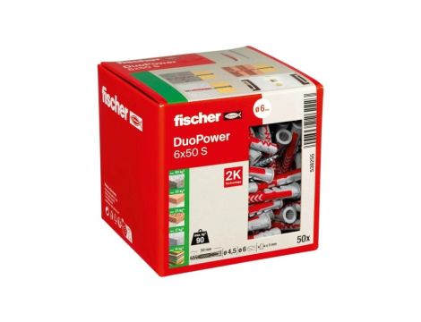 Kołki rozporowe uniwersalne DuoPower 6x50mm S 2-składnikowe z wkrętem PZ2 4,5x60mm z łbem stożkowem do wszystkich typów podłoża