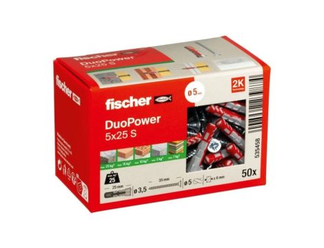 Kołki rozporowe uniwersalne DuoPower 5x25mm S 2-składnikowe z wkrętem PZ 3,5x35mm z łbem stożkowem do wszystkich typów podłoża F