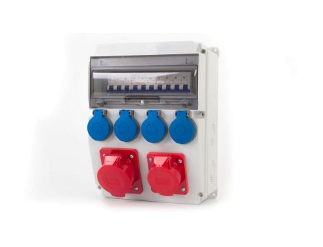 Rozdzielnica CAJA 12M - gniazda 16A 5p, 32A 5p, 4x230V + zabezpieczenia (MCB 3P C32A, 3P C16A, 1P B16Ax4 ) IP44
