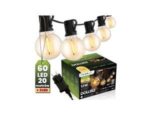 Girlanda Ogrodowa Zewnętrzna Łańcuch Świetlny 20m 60x LED + 2 Żarówki 12W Ciepła 2700K DOLLIS2 LUMILED