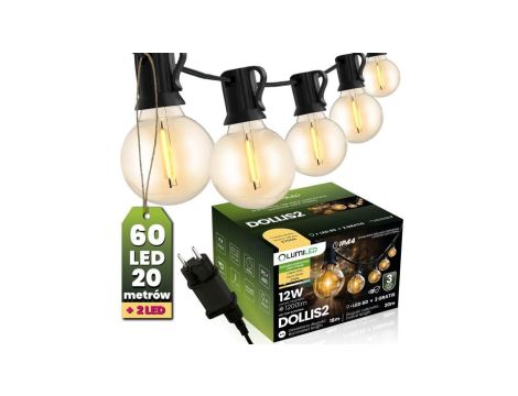 Girlanda Ogrodowa Zewnętrzna Łańcuch Świetlny 20m 60x LED + 2 Żarówki 12W Ciepła 2700K DOLLIS2 LUMILED