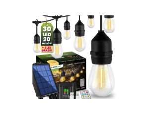 Girlanda Solarna Ogrodowa 30x LED Ozdobne Żarówki 20m + PILOT IP65 2700K Ciepła SOLLIS LUMILED